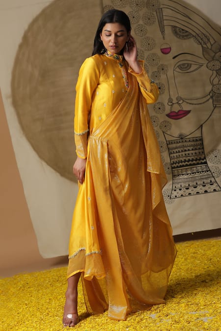 Arpita Sulakshana_Yellow Cotton, Crepe Embroidery, Sequins Bandeau Neck Hand Painted Draped Dress _at_Aza_Fashions