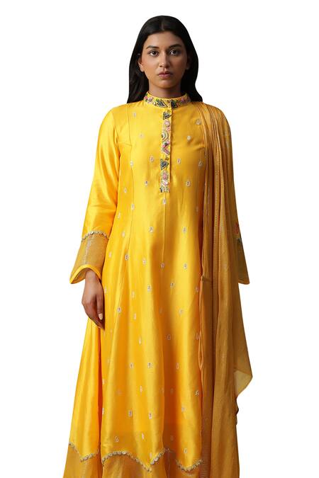 Buy Arpita Sulakshana Yellow Cotton, Crepe Embroidery, Sequins Bandeau Neck Hand Painted Draped Dress Buy_Arpita Sulakshana_Yellow Cotton, Crepe Embroidery, Sequins Bandeau Neck Hand Painted Draped Dress