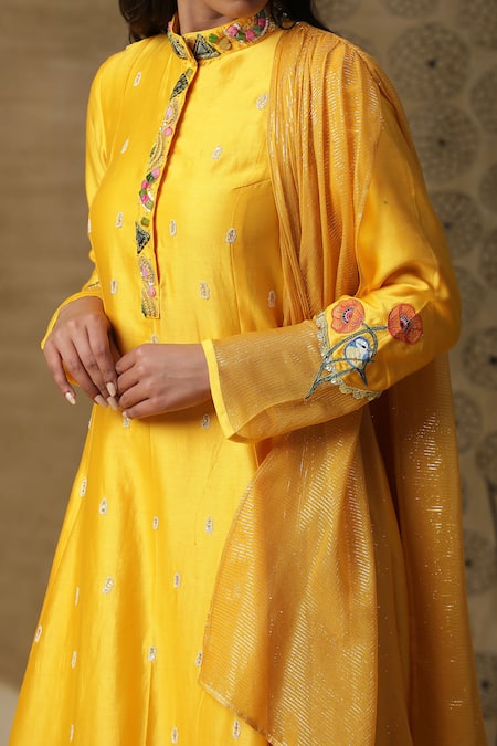 Shop_Arpita Sulakshana_Yellow Cotton, Crepe Embroidery, Sequins Bandeau Neck Hand Painted Draped Dress 