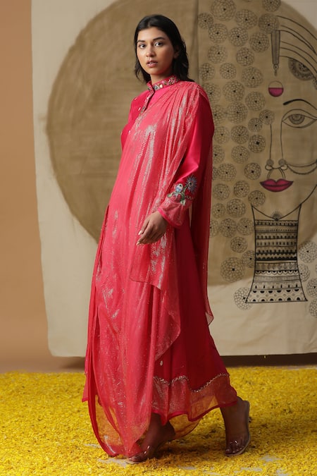 Arpita Sulakshana_Red Cotton, Crepe Embroidery, Sequins Bandeau Hand Painted Attached Drape Dress _Online_at_Aza_Fashions