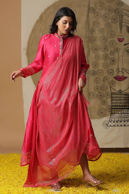 Buy_Arpita Sulakshana_Red Cotton, Crepe Embroidery, Sequins Bandeau Hand Painted Attached Drape Dress _Online_at_Aza_Fashions