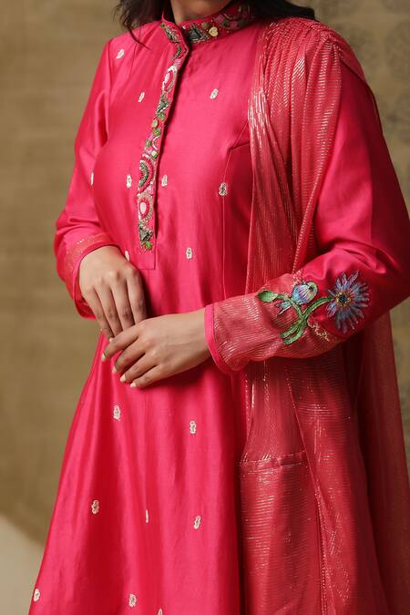 Shop_Arpita Sulakshana_Red Cotton, Crepe Embroidery, Sequins Bandeau Hand Painted Attached Drape Dress _Online_at_Aza_Fashions