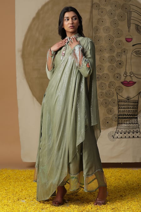 arpita sulakshana Green Cotton Hand Embroidered Flower Attached Drape Dress 