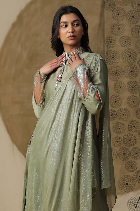 Arpita Sulakshana Green Cotton, Crepe Embroidery, Sequins Bandeau Neck Hand Attached Drape Dress Online at Aza Fashions Arpita Sulakshana_Green Cotton, Crepe Embroidery, Sequins Bandeau Neck Hand Attached Drape Dress _Online_at_Aza_Fashions