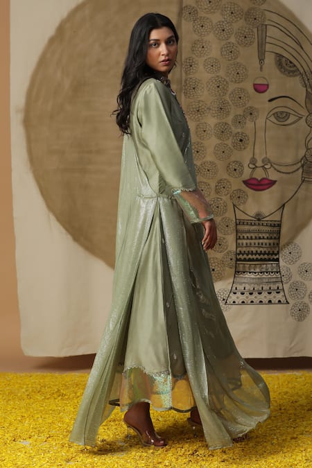 Shop_Arpita Sulakshana_Green Cotton, Crepe Embroidery, Sequins Bandeau Neck Hand Attached Drape Dress _Online_at_Aza_Fashions
