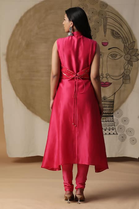 Shop_Arpita Sulakshana_Red Chanderi Silk, Crepe Diamonds, Embroidery Attached Jacket Kurta With Pant _at_Aza_Fashions