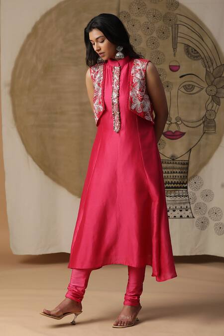 Buy_Arpita Sulakshana_Red Chanderi Silk, Crepe Diamonds, Embroidery Attached Jacket Kurta With Pant _Online_at_Aza_Fashions