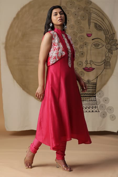 Shop_Arpita Sulakshana_Red Chanderi Silk, Crepe Diamonds, Embroidery Attached Jacket Kurta With Pant _Online_at_Aza_Fashions