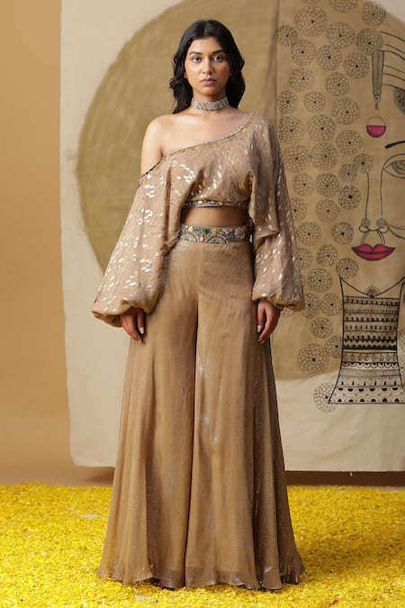 arpita sulakshana Brown Cotton Hand Embroidered Coins One Shoulder Textured Blouse With Palazzo 