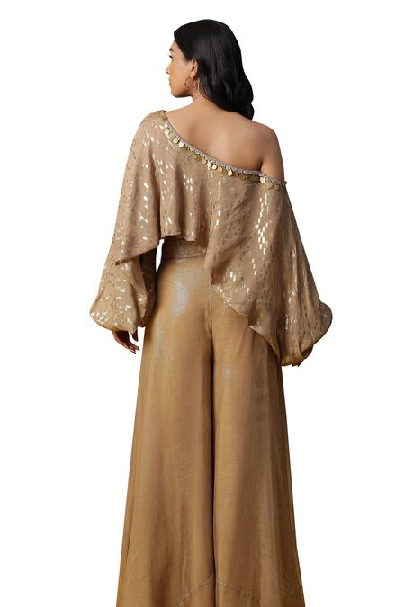 Arpita Sulakshana_Brown Cotton, Crepe Beads, Crystals, Sequins One Textured Blouse With Palazzo _Online_at_Aza_Fashions
