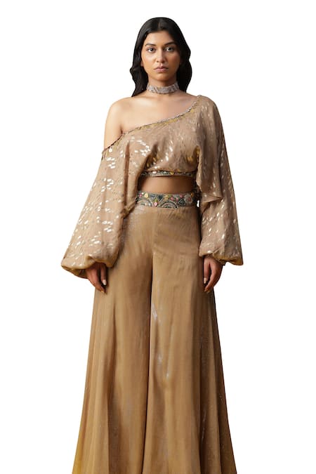 Buy_Arpita Sulakshana_Brown Cotton, Crepe Beads, Crystals, Sequins One Textured Blouse With Palazzo _Online_at_Aza_Fashions