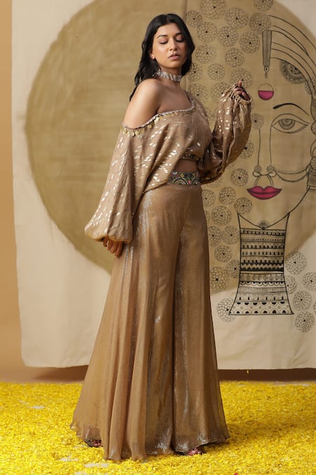 Arpita Sulakshana_Brown Cotton, Crepe Beads, Crystals, Sequins One Textured Blouse With Palazzo _at_Aza_Fashions