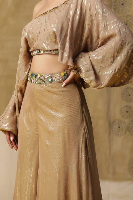 Buy_Arpita Sulakshana_Brown Cotton, Crepe Beads, Crystals, Sequins One Textured Blouse With Palazzo 
