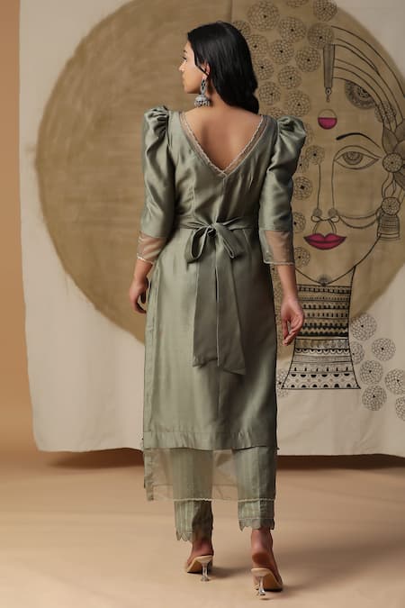 Shop_Arpita Sulakshana_Green Chanderi Silk, Crepe Sequins, Crystals, Beads, Hand Painted Kurta Pant Set _at_Aza_Fashions
