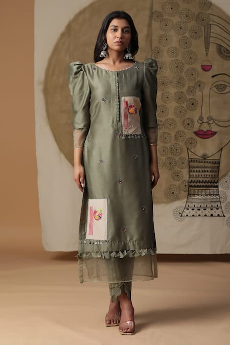Arpita Sulakshana_Green Chanderi Silk, Crepe Sequins, Crystals, Beads, Hand Painted Kurta Pant Set _Online_at_Aza_Fashions