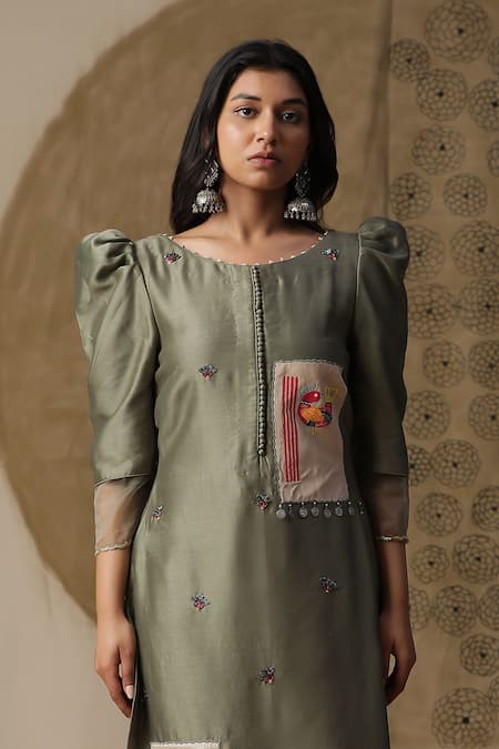 Buy_Arpita Sulakshana_Green Chanderi Silk, Crepe Sequins, Crystals, Beads, Hand Painted Kurta Pant Set _Online_at_Aza_Fashions