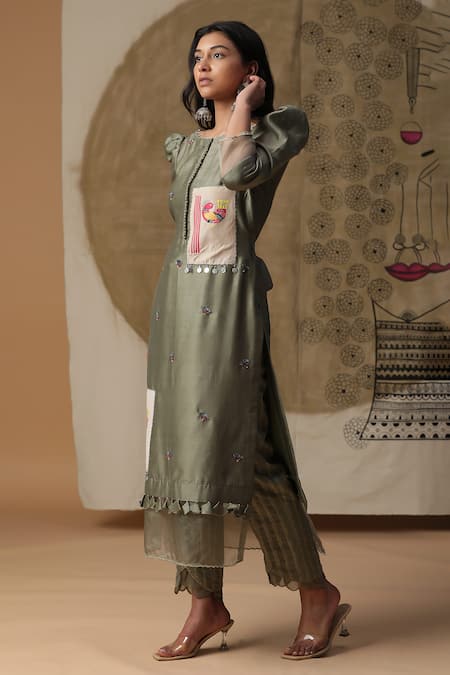 Shop_Arpita Sulakshana_Green Chanderi Silk, Crepe Sequins, Crystals, Beads, Hand Painted Kurta Pant Set _Online_at_Aza_Fashions