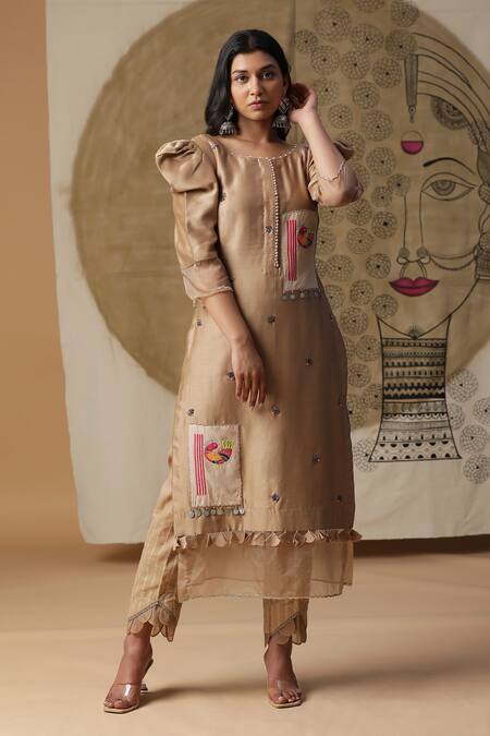 Arpita Sulakshana_Brown Chanderi Silk, Crepe Sequins, Beads, Hand Painted Patched Kurta Pant Set _Online_at_Aza_Fashions
