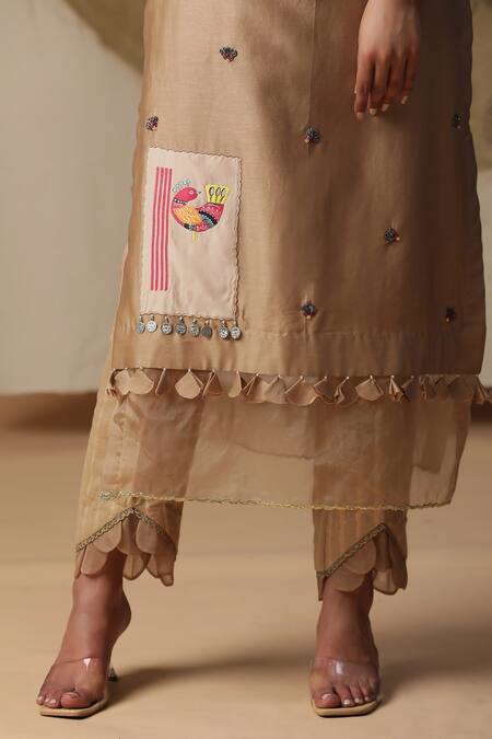 Buy_Arpita Sulakshana_Brown Chanderi Silk, Crepe Sequins, Beads, Hand Painted Patched Kurta Pant Set _Online_at_Aza_Fashions