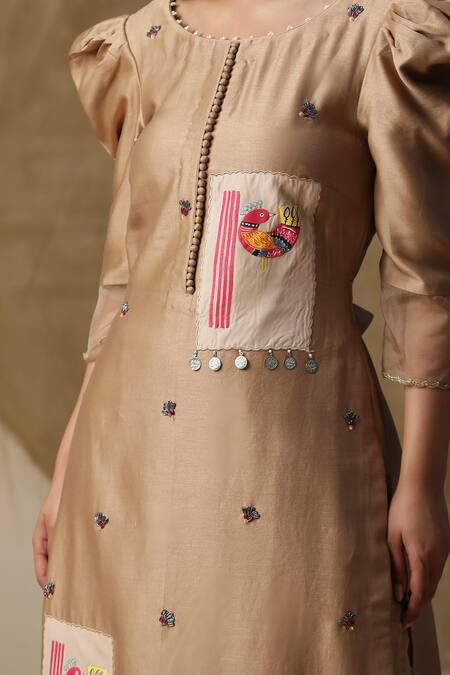 Shop_Arpita Sulakshana_Brown Chanderi Silk, Crepe Sequins, Beads, Hand Painted Patched Kurta Pant Set _Online_at_Aza_Fashions