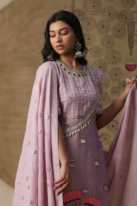 Shop Arpita Sulakshana Purple Chanderi Silk, Crepe Sequins, Beads, Flower Hand Painted Kurta Pant Set at Aza Fashions Shop_Arpita Sulakshana_Purple Chanderi Silk, Crepe Sequins, Beads, Flower Hand Painted Kurta Pant Set _at_Aza_Fashions