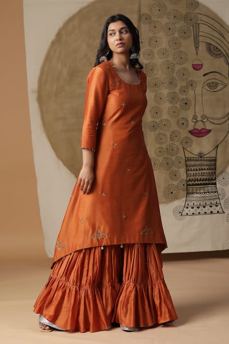 Shop_Arpita Sulakshana_Orange Silk, Crepe, Embroidery, Hand Kurta Gharara Set _at_Aza_Fashions