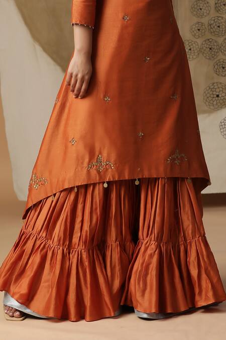Arpita Sulakshana_Orange Silk, Crepe, Embroidery, Hand Kurta Gharara Set _Online_at_Aza_Fashions