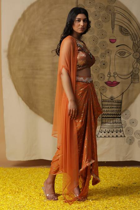 Buy_Arpita Sulakshana_Orange Georgette, Crepe Embroidery, Beads, Sequins V-neck Blouse Dhoti Pant Set _Online_at_Aza_Fashions