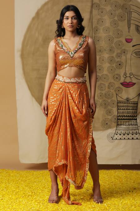 Arpita Sulakshana_Orange Georgette, Crepe Embroidery, Beads, Sequins V-neck Blouse Dhoti Pant Set _at_Aza_Fashions