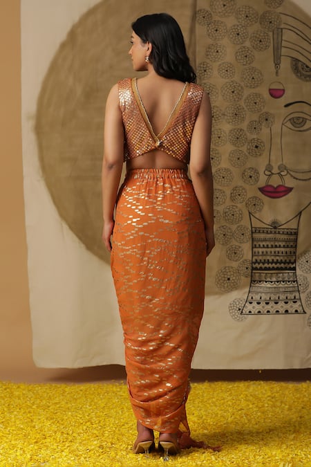 Buy_Arpita Sulakshana_Orange Georgette, Crepe Embroidery, Beads, Sequins V-neck Blouse Dhoti Pant Set 