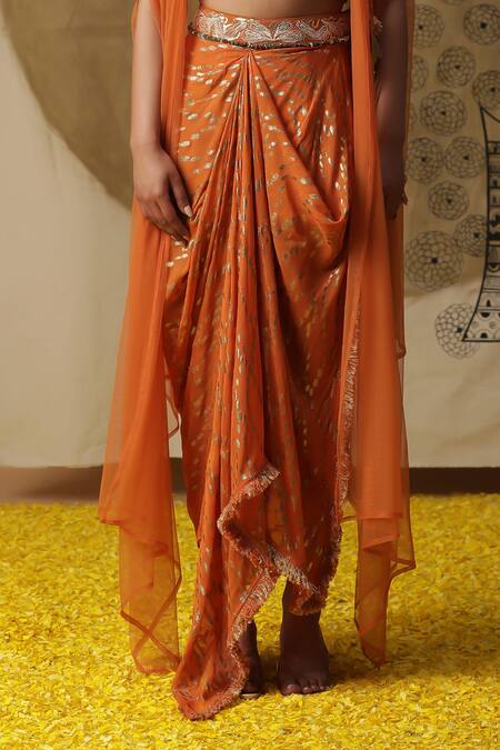 Shop Arpita Sulakshana Orange Georgette, Crepe Embroidery, Beads, Sequins V-neck Blouse Dhoti Pant Set Shop_Arpita Sulakshana_Orange Georgette, Crepe Embroidery, Beads, Sequins V-neck Blouse Dhoti Pant Set