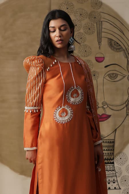 Shop Arpita Sulakshana Orange Chanderi Silk, Crepe Lace, Sequins, Beads, Hand Kurta Pant Set at Aza Fashions Shop_Arpita Sulakshana_Orange Chanderi Silk, Crepe Lace, Sequins, Beads, Hand Kurta Pant Set _at_Aza_Fashions