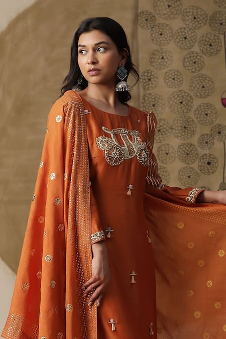Shop Arpita Sulakshana Orange Chanderi Silk, Crepe Sequins, Beads, Embroidery Hand Kurta Pant Set at Aza Fashions Shop_Arpita Sulakshana_Orange Chanderi Silk, Crepe Sequins, Beads, Embroidery Hand Kurta Pant Set _at_Aza_Fashions