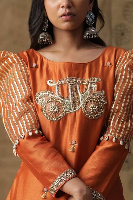 Arpita Sulakshana Orange Chanderi Silk, Crepe Sequins, Beads, Embroidery Hand Kurta Pant Set Online at Aza Fashions Arpita Sulakshana_Orange Chanderi Silk, Crepe Sequins, Beads, Embroidery Hand Kurta Pant Set _Online_at_Aza_Fashions