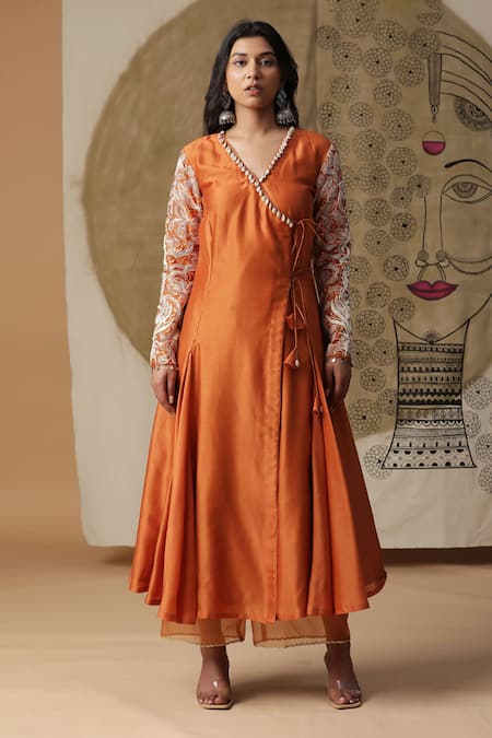 arpita sulakshana Orange Chanderi Silk Embroidered Dori V-neck Sequins Angarkha Pant Set 