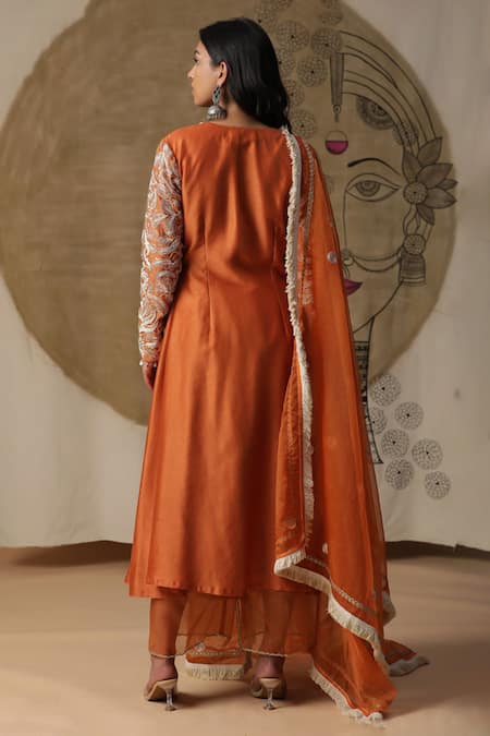 Shop Arpita Sulakshana Orange Chanderi Silk, Crepe Sequins, Embroidery V-neck Dori Angarkha Pant Set at Aza Fashions Shop_Arpita Sulakshana_Orange Chanderi Silk, Crepe Sequins, Embroidery V-neck Dori Angarkha Pant Set _at_Aza_Fashions