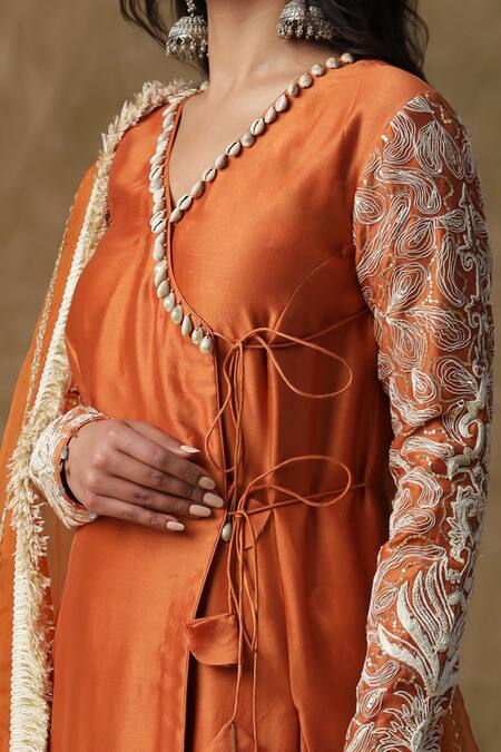 Arpita Sulakshana Orange Chanderi Silk, Crepe Sequins, Embroidery V-neck Dori Angarkha Pant Set Online at Aza Fashions Arpita Sulakshana_Orange Chanderi Silk, Crepe Sequins, Embroidery V-neck Dori Angarkha Pant Set _Online_at_Aza_Fashions