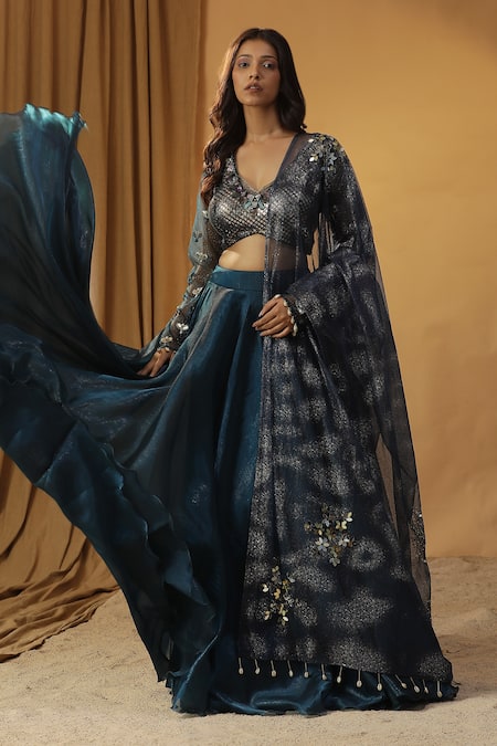 arpita sulakshana Blue Chanderi Embroidery Mirror Halter Neck Shells Blouse And Lehenga Set 