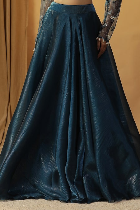 Arpita Sulakshana Blue Chanderi, Organza Sequins, Beads Shells Embroidered Blouse And Lehenga Set Online at Aza Fashions Arpita Sulakshana_Blue Chanderi, Organza Sequins, Beads Shells Embroidered Blouse And Lehenga Set _Online_at_Aza_Fashions