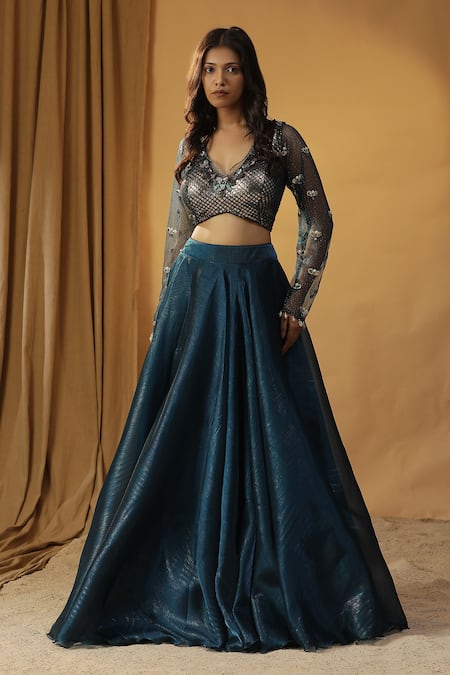 Buy_Arpita Sulakshana_Blue Chanderi, Organza Sequins, Beads Shells Embroidered Blouse And Lehenga Set _Online_at_Aza_Fashions