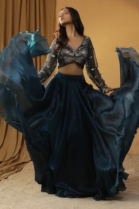 Shop_Arpita Sulakshana_Blue Chanderi, Organza Sequins, Beads Shells Embroidered Blouse And Lehenga Set _Online_at_Aza_Fashions