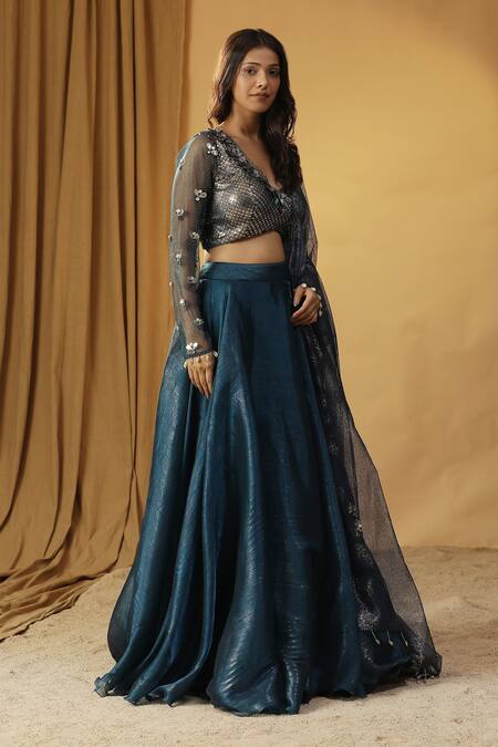 Arpita Sulakshana_Blue Chanderi, Organza Sequins, Beads Shells Embroidered Blouse And Lehenga Set _at_Aza_Fashions