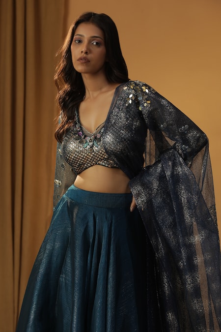 Buy_Arpita Sulakshana_Blue Chanderi, Organza Sequins, Beads Shells Embroidered Blouse And Lehenga Set 