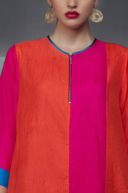 Nachiket Barve_Pink Silk, Tussar, Georgette Round Neck Color Blocked Straight Kurta Pant Set _Online_at_Aza_Fashions