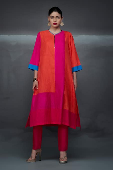Buy_Nachiket Barve_Pink Silk, Tussar, Georgette Round Neck Color Blocked Straight Kurta Pant Set _Online_at_Aza_Fashions
