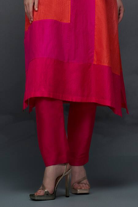 Shop_Nachiket Barve_Pink Silk, Tussar, Georgette Round Neck Color Blocked Straight Kurta Pant Set _Online_at_Aza_Fashions