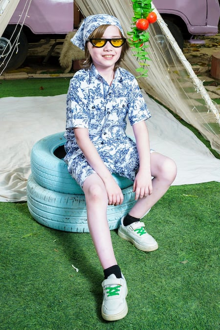 Shop Hoity Moppet Blue Georgette Lagoon Printed Shirt With Shorts at Aza Fashions Shop_Hoity Moppet_Blue Georgette Lagoon Printed Shirt With Shorts _at_Aza_Fashions