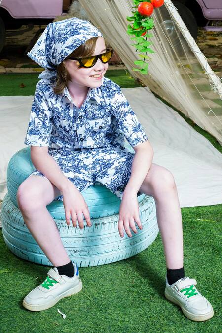 Hoity Moppet Blue Georgette Lagoon Printed Shirt With Shorts Online at Aza Fashions Hoity Moppet_Blue Georgette Lagoon Printed Shirt With Shorts _Online_at_Aza_Fashions