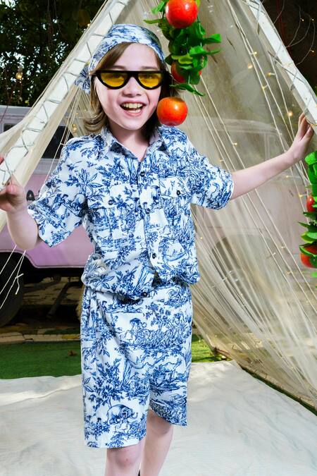 Hoity Moppet Blue Georgette Lagoon Printed Shirt With Shorts at Aza Fashions Hoity Moppet_Blue Georgette Lagoon Printed Shirt With Shorts _at_Aza_Fashions