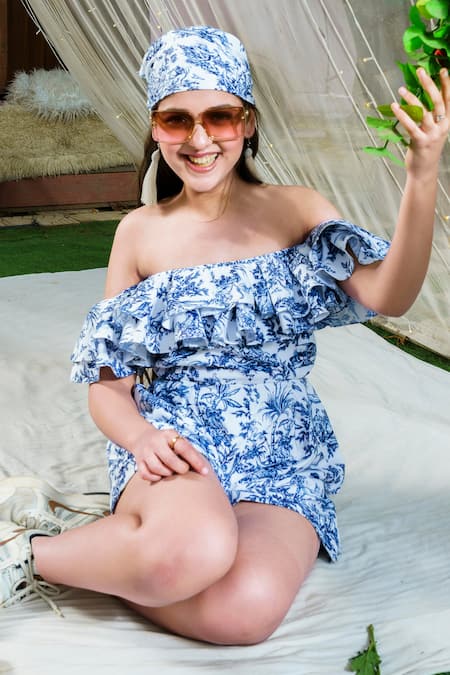 Shop_Hoity Moppet_Blue Georgette Ruffles Capri Botanical Print Playsuit _Online_at_Aza_Fashions